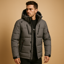 Men’s warm down parka with 90% down insulation, removable hood, and regular fit for layering, available in black, green, and navy.