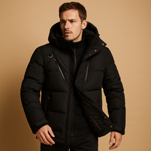 Men’s warm down parka with 90% down insulation, removable hood, and regular fit for layering, available in black, green, and navy.