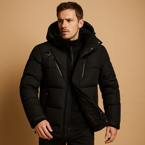 Men’s warm down parka with 90% down insulation, removable hood, and regular fit for layering, available in black, green, and navy.