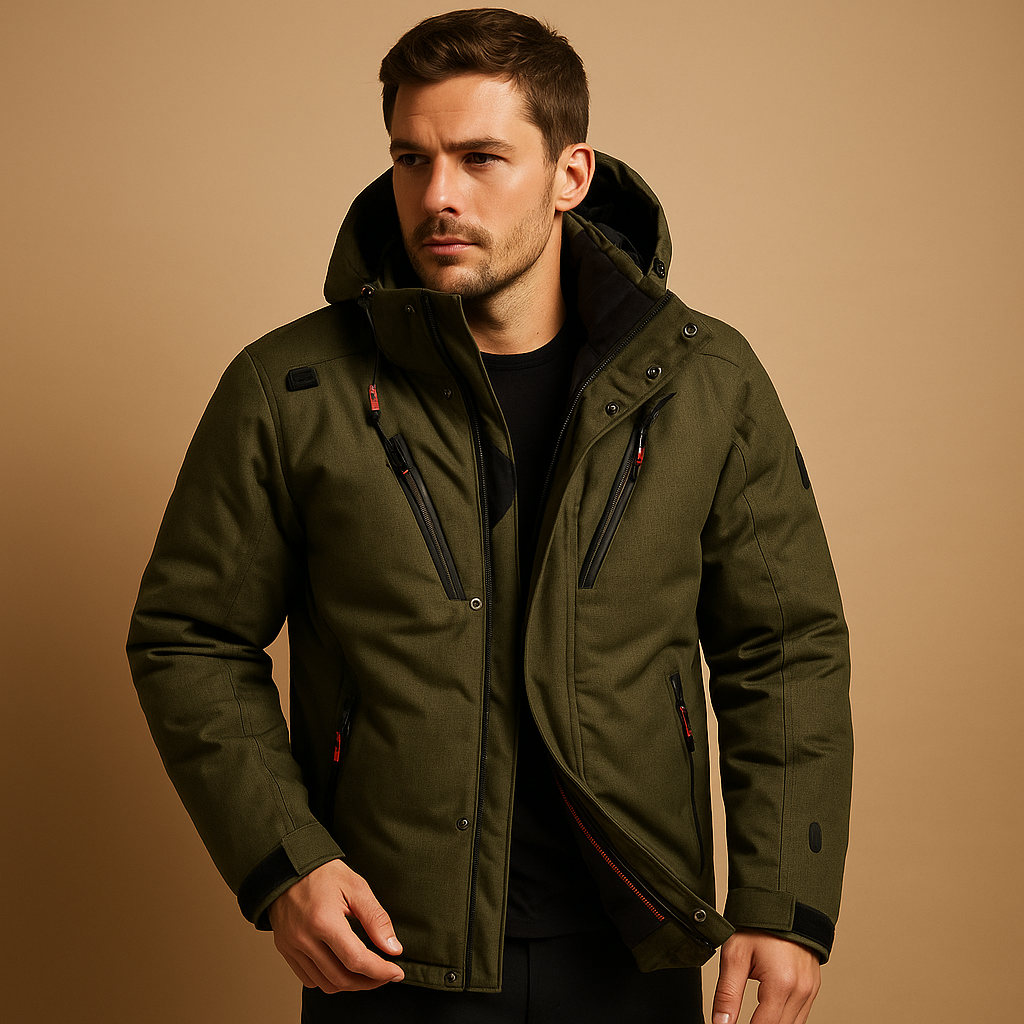 Men’s warm down parka with 90% down insulation, removable hood, and regular fit for layering, available in black, green, and navy.