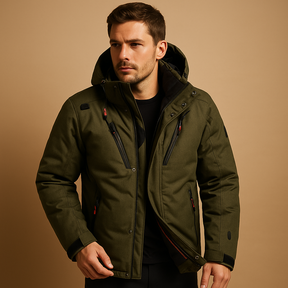 Men’s warm down parka with 90% down insulation, removable hood, and regular fit for layering, available in black, green, and navy.
