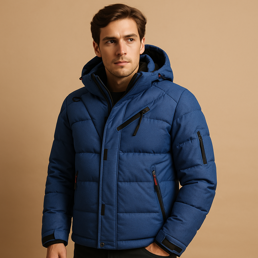 Men’s warm down parka with 90% down insulation, removable hood, and regular fit for layering, available in black, green, and navy.
