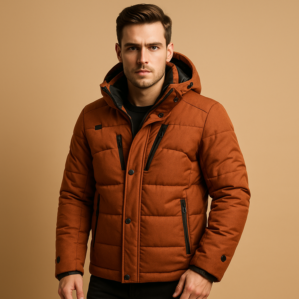 Men’s warm down parka with 90% down insulation, removable hood, and regular fit for layering, available in black, green, and navy.