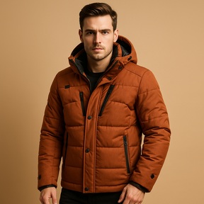 Men’s warm down parka with 90% down insulation, removable hood, and regular fit for layering, available in black, green, and navy.