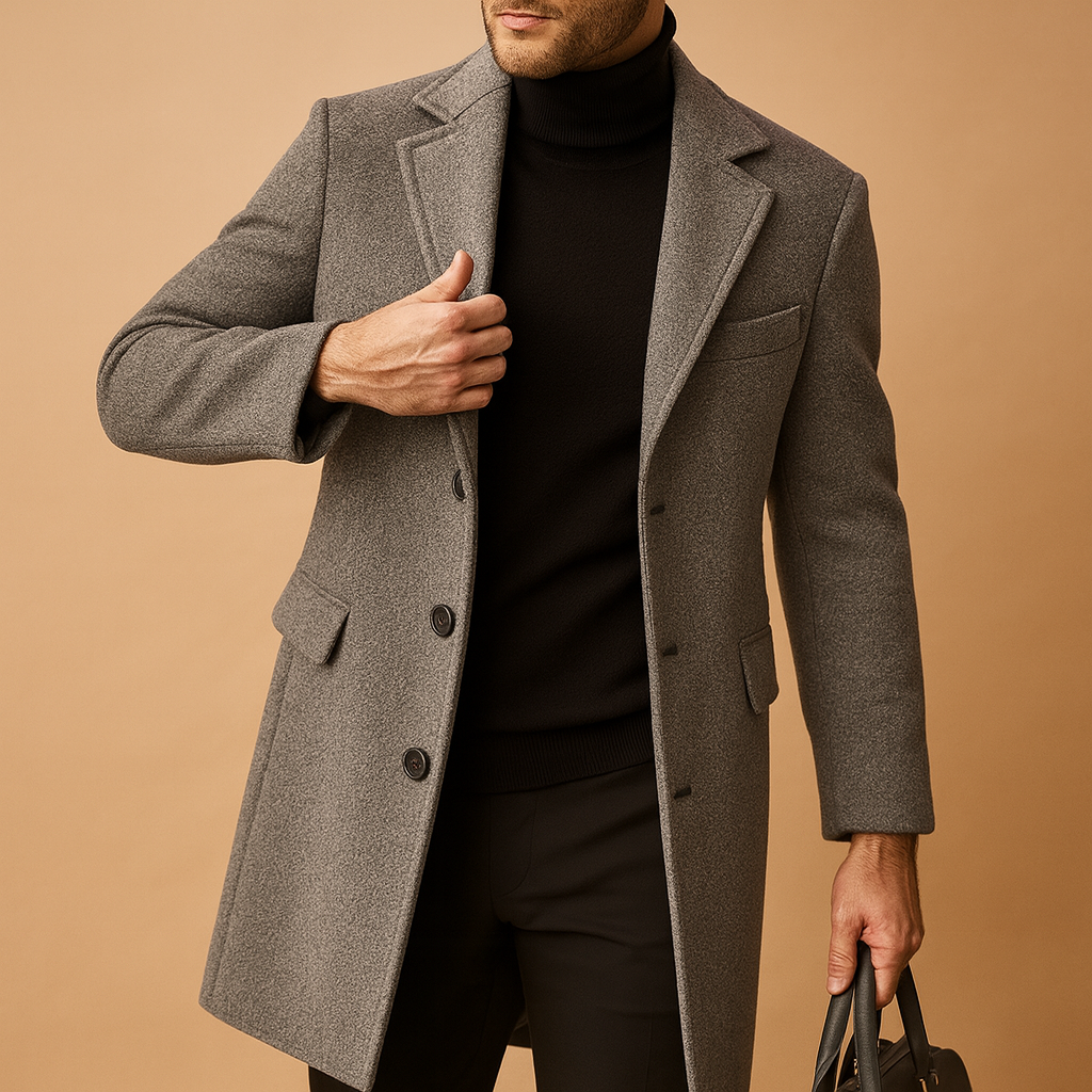 Men’s warm formal coat with relaxed fit and classic design, offering elegance and insulation for business, casual, and formal wear in autumn and winter.