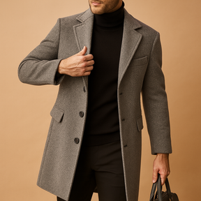 Men’s warm formal coat with relaxed fit and classic design, offering elegance and insulation for business, casual, and formal wear in autumn and winter.
