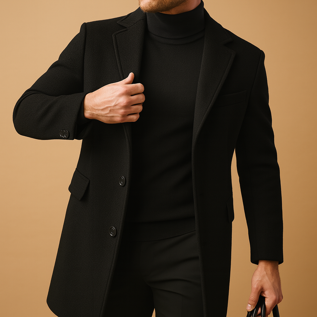 Men’s warm formal coat with relaxed fit and classic design, offering elegance and insulation for business, casual, and formal wear in autumn and winter.