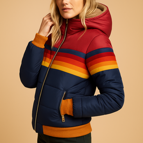 Warm hooded winter coat for women with bold, colorful design, insulating fit, and flattering shape for stylish cold-weather wear.
