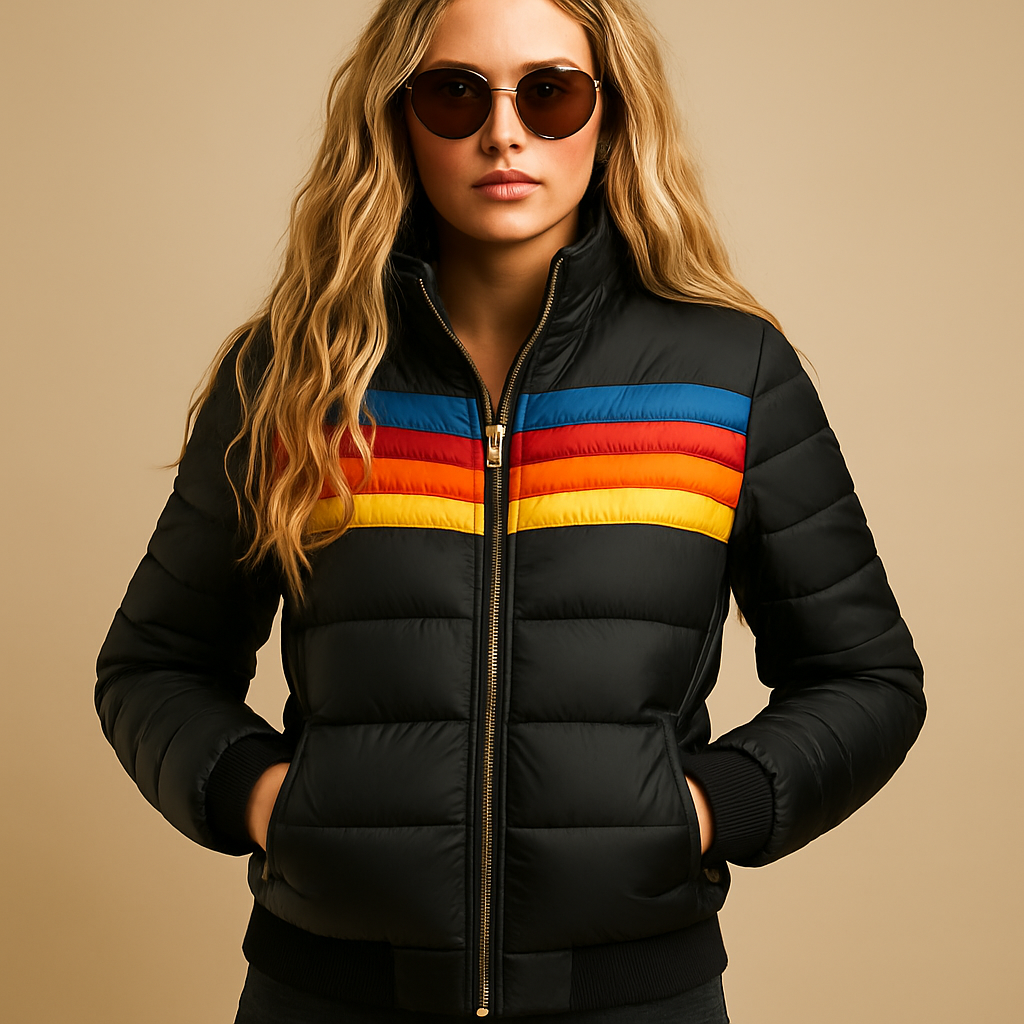 Warm hooded winter coat for women with bold, colorful design, insulating fit, and flattering shape for stylish cold-weather wear.