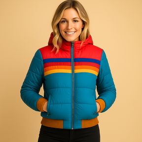 Warm hooded winter coat for women with bold, colorful design, insulating fit, and flattering shape for stylish cold-weather wear.