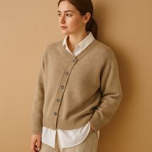 Warm wool-look knit sweater for women in neutral tones, ideal for cozy winter wear and stylish everyday outfits.