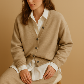 Warm wool-look knit sweater for women in neutral tones, ideal for cozy winter wear and stylish everyday outfits.