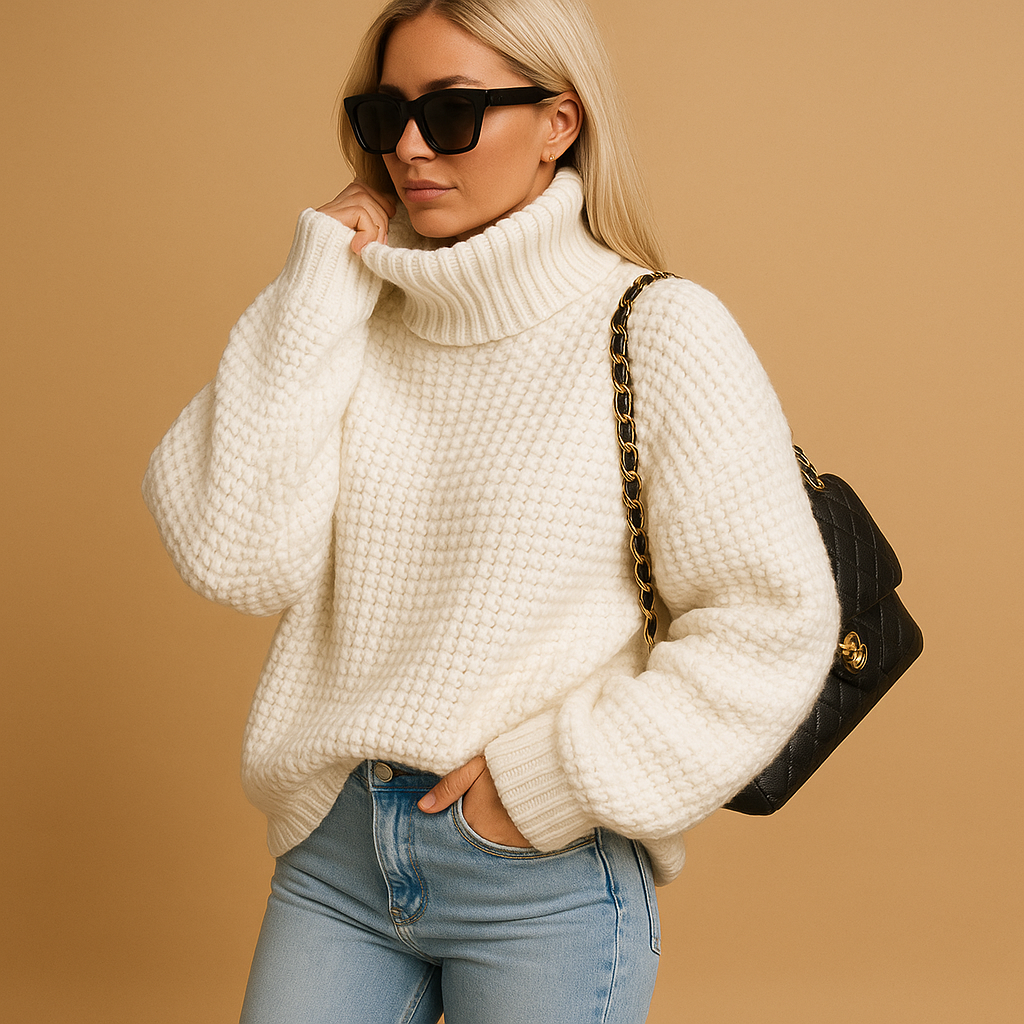 Warm pullover sweater for women with thick knit fabric, available in white, khaki, black, green, and purple—perfect for everyday winter wear.