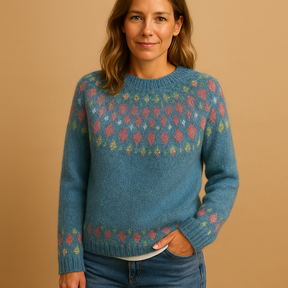 Warm wool sweater for women with stylish printed design, available in green, blue, grey, pink, and white—perfect for winter days and layered outfits.