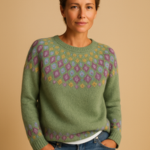 Warm wool sweater for women with stylish printed design, available in green, blue, grey, pink, and white—perfect for winter days and layered outfits.