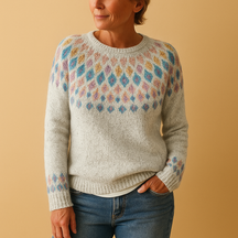 Warm wool sweater for women with stylish printed design, available in green, blue, grey, pink, and white—perfect for winter days and layered outfits.