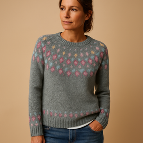 Warm wool sweater for women with stylish printed design, available in green, blue, grey, pink, and white—perfect for winter days and layered outfits.
