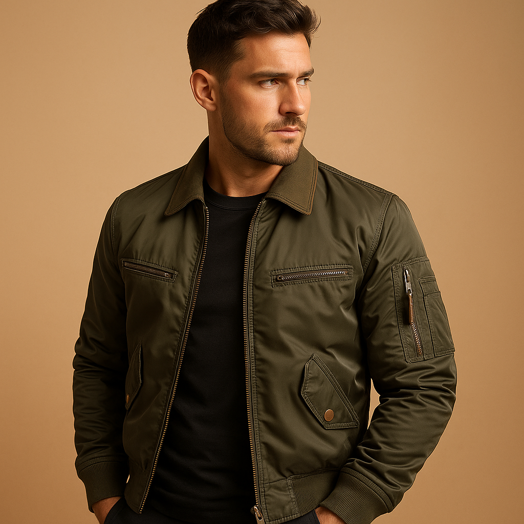 Men’s bomber jacket with light padding, water-repellent fabric, zipper and snap closure, ideal for all-season casual and semi-formal wear