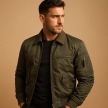 Men’s bomber jacket with light padding, water-repellent fabric, zipper and snap closure, ideal for all-season casual and semi-formal wear