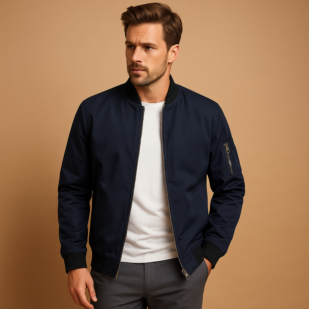 Men’s water-repellent spring jacket with a modern fit, ideal for transitional weather, casual outings, or formal occasions