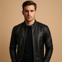 Men’s waterproof biker jacket in classic black with tailored fit, durable design, and soft inner lining, ideal for motorcycle rides or daily use.