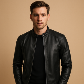 Men’s waterproof biker jacket in classic black with tailored fit, durable design, and soft inner lining, ideal for motorcycle rides or daily use.