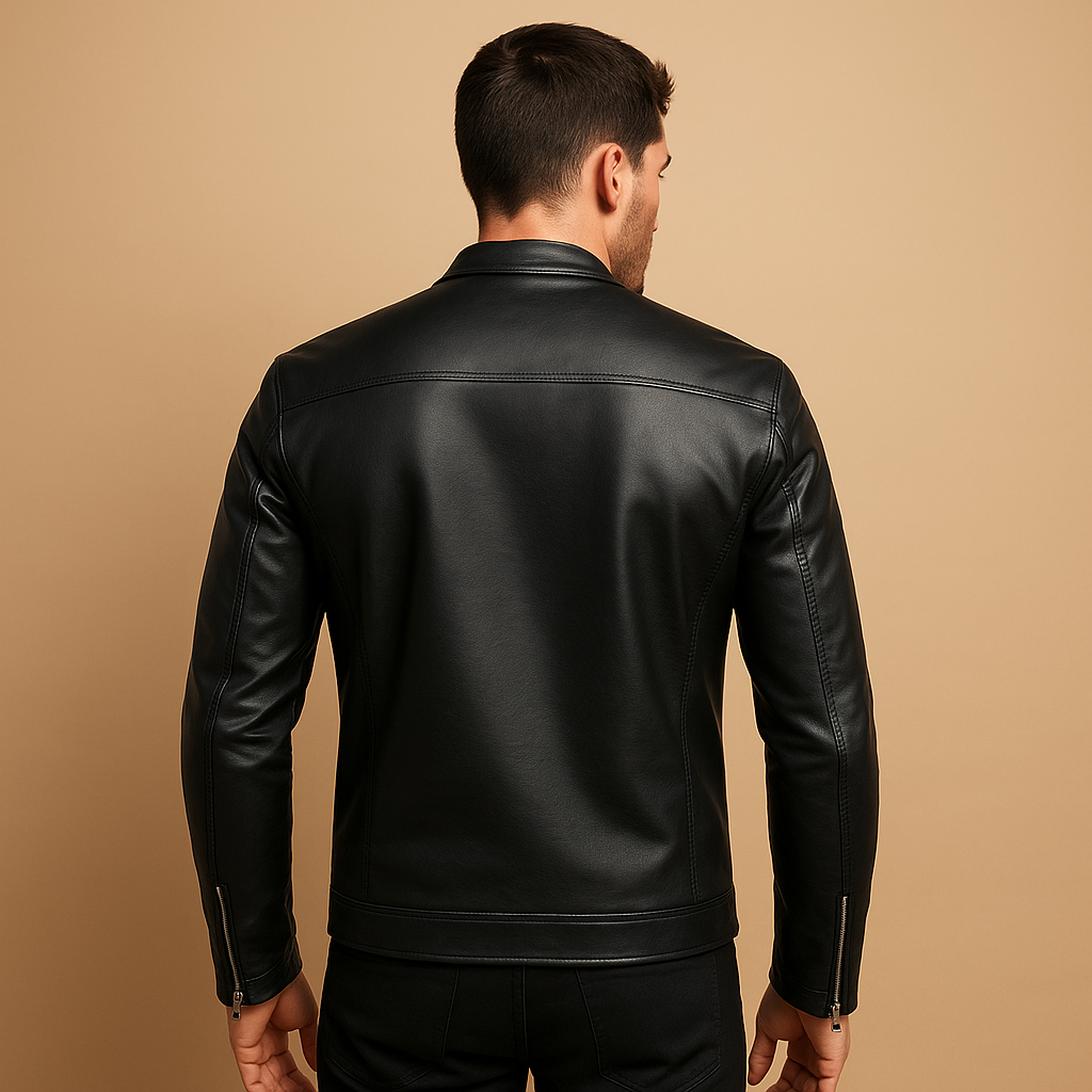 Men’s waterproof biker jacket in classic black with tailored fit, durable design, and soft inner lining, ideal for motorcycle rides or daily use.