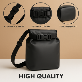 Waterproof floating phone bag for men with IP68 rating, touchscreen pouch, and roll-top design—ideal for beach days, water sports, and travel security.