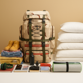 Waterproof hiking backpack for men with 130L capacity, ergonomic straps, and tear-resistant material for camping and trekking adventures.