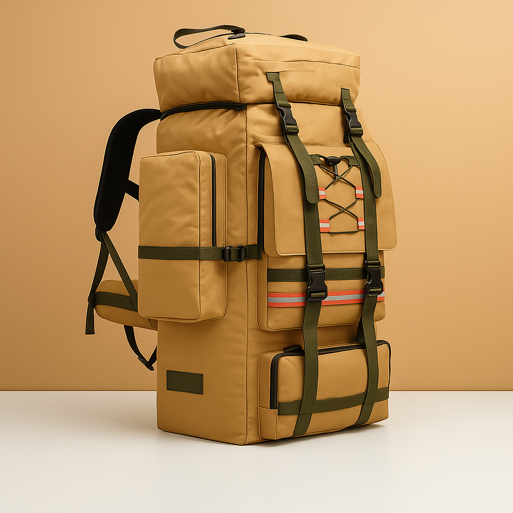 Waterproof hiking backpack for men with 130L capacity, ergonomic straps, and tear-resistant material for camping and trekking adventures.