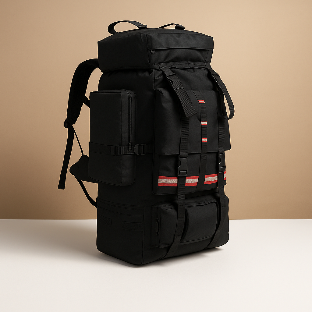 Waterproof hiking backpack for men with 130L capacity, ergonomic straps, and tear-resistant material for camping and trekking adventures.