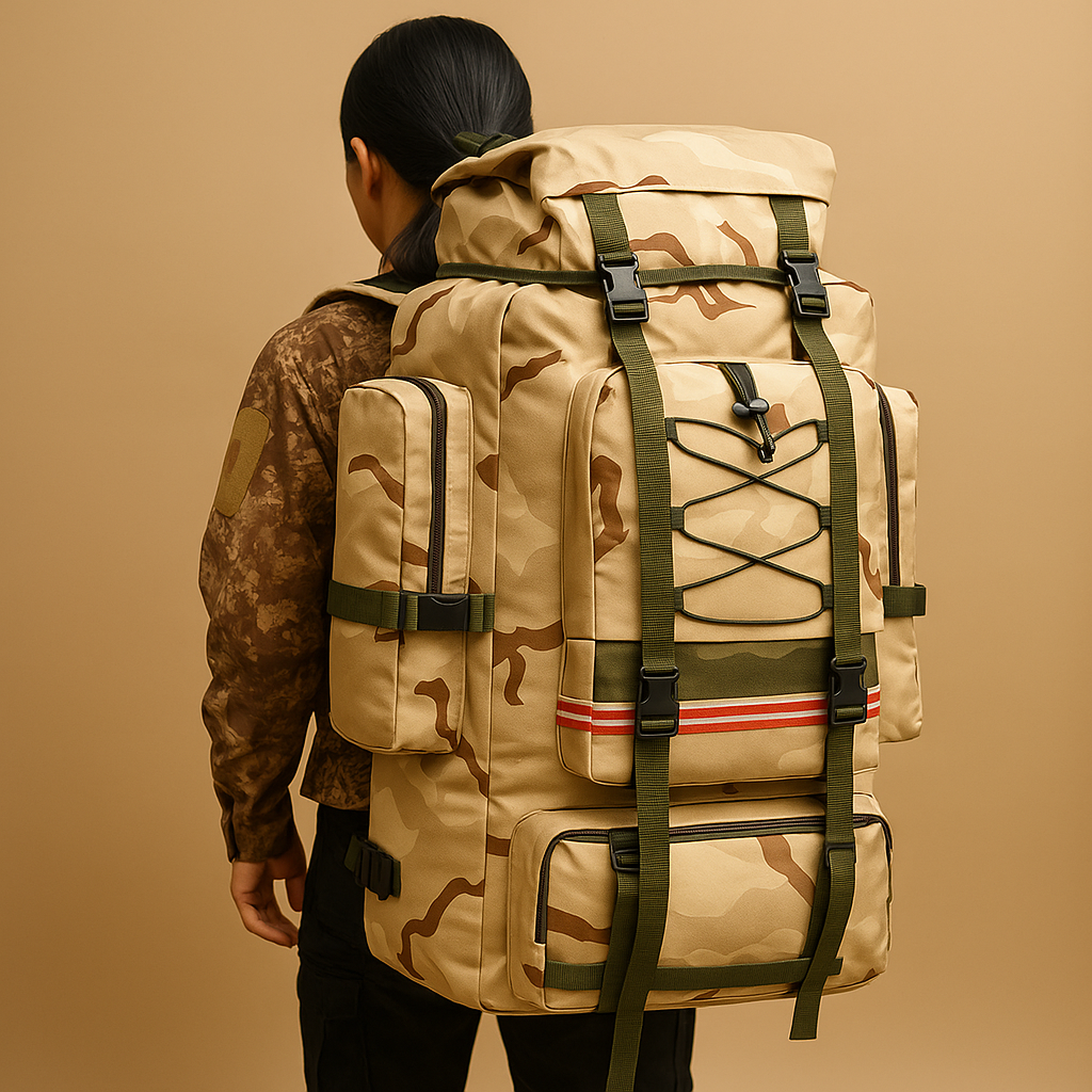 Waterproof hiking backpack for men with 130L capacity, ergonomic straps, and tear-resistant material for camping and trekking adventures.