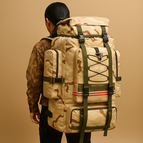 Waterproof hiking backpack for men with 130L capacity, ergonomic straps, and tear-resistant material for camping and trekking adventures.