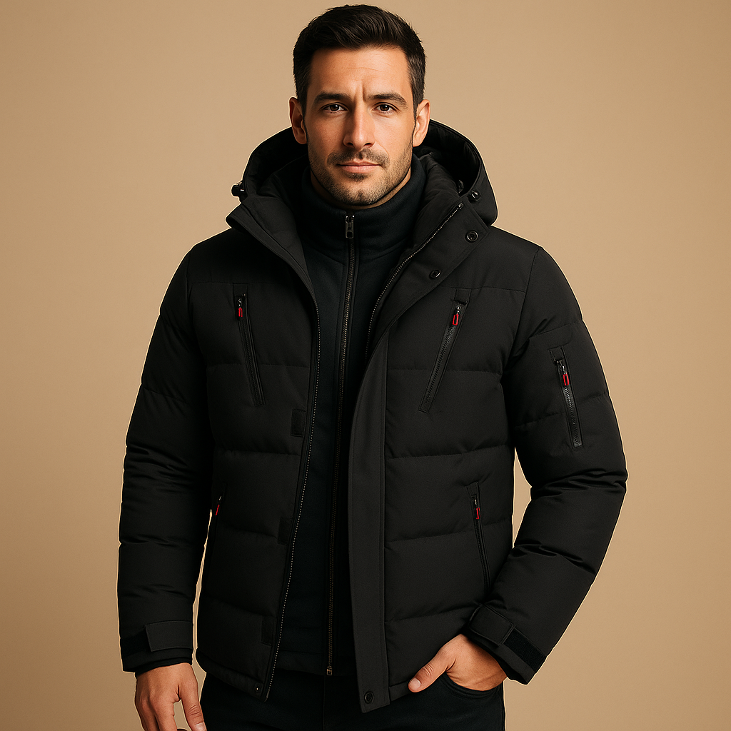 Men’s waterproof insulated winter jacket with adjustable hood and warm lining, ideal for cold weather, rain, and outdoor use