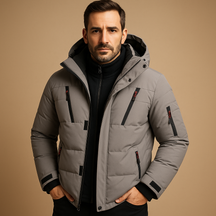 Men’s waterproof insulated winter jacket with adjustable hood and warm lining, ideal for cold weather, rain, and outdoor use