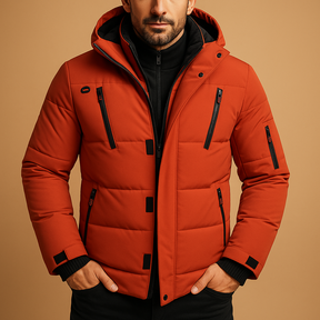 Men’s waterproof insulated winter jacket with adjustable hood and warm lining, ideal for cold weather, rain, and outdoor use