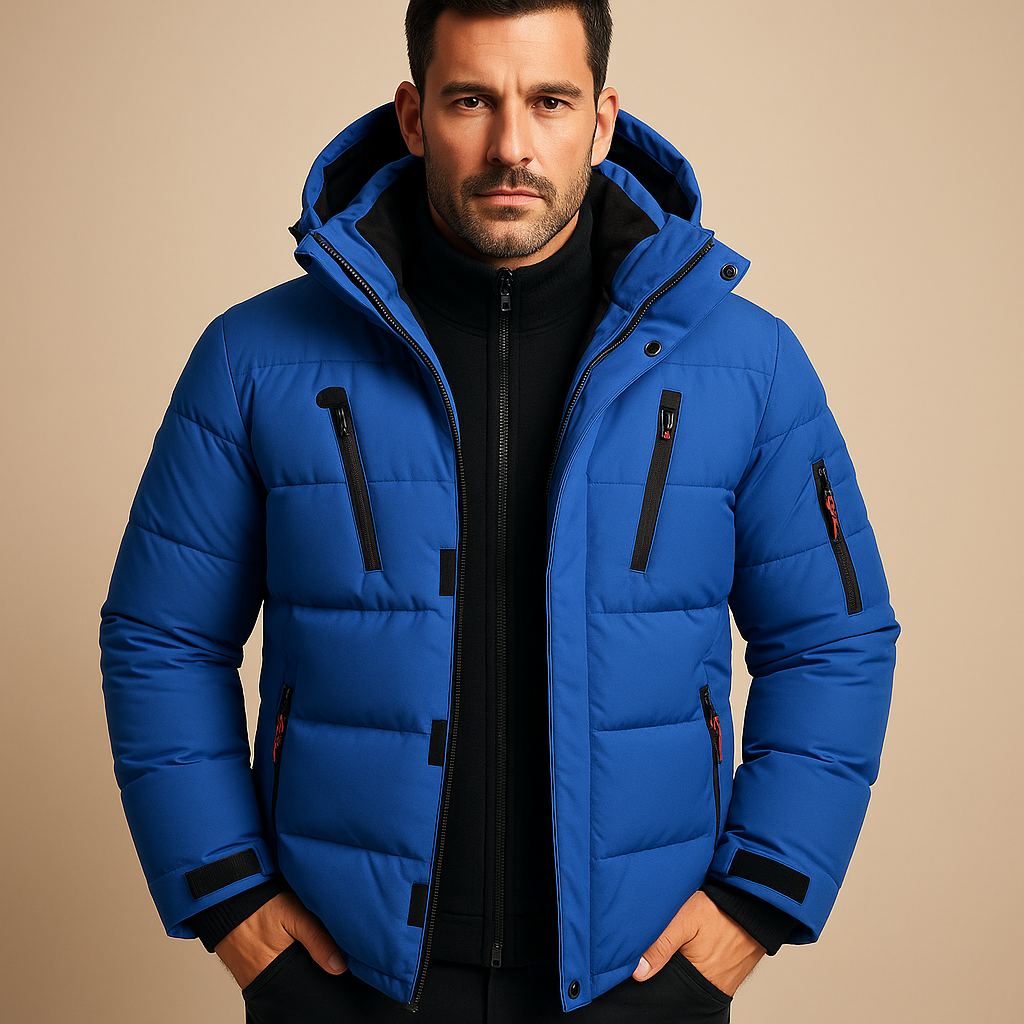 Men’s waterproof insulated winter jacket with adjustable hood and warm lining, ideal for cold weather, rain, and outdoor use
