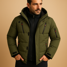 Men’s waterproof insulated winter jacket with adjustable hood and warm lining, ideal for cold weather, rain, and outdoor use