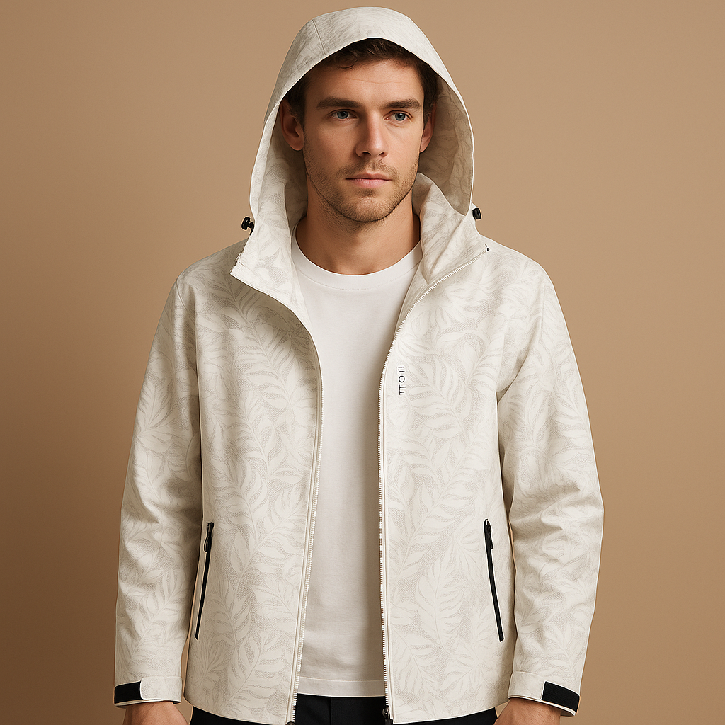 Men’s waterproof jacket with subtle leaf pattern, breathable fabric, adjustable hood, and zippered pockets, ideal for outdoor activities and daily wear.