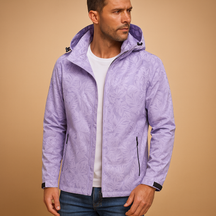 Men’s waterproof jacket with subtle leaf pattern, breathable fabric, adjustable hood, and zippered pockets, ideal for outdoor activities and daily wear.