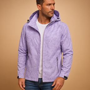 Men’s waterproof jacket with subtle leaf pattern, breathable fabric, adjustable hood, and zippered pockets, ideal for outdoor activities and daily wear.