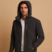Men’s waterproof jacket with subtle leaf pattern, breathable fabric, adjustable hood, and zippered pockets, ideal for outdoor activities and daily wear.