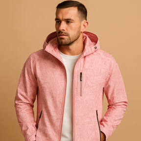 Men’s waterproof jacket with subtle leaf pattern, breathable fabric, adjustable hood, and zippered pockets, ideal for outdoor activities and daily wear.