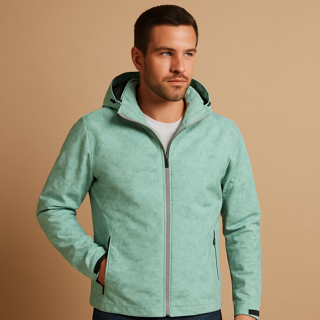 Men’s waterproof jacket with subtle leaf pattern, breathable fabric, adjustable hood, and zippered pockets, ideal for outdoor activities and daily wear.