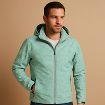 Men’s waterproof jacket with subtle leaf pattern, breathable fabric, adjustable hood, and zippered pockets, ideal for outdoor activities and daily wear.
