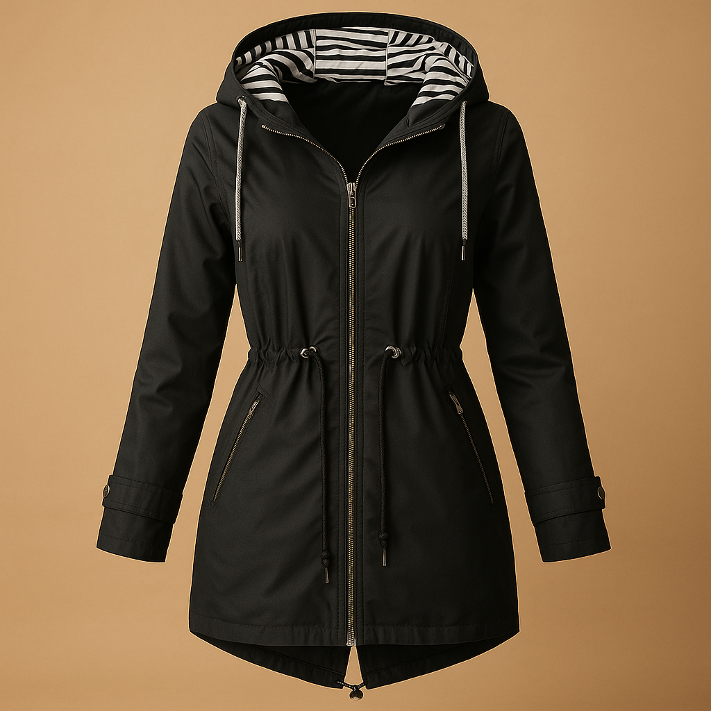 Women’s waterproof rain parka with adjustable waist, soft inner lining and windproof shell, ideal for stylish protection in wet weather