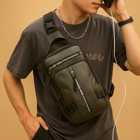 Waterproof sling chest bag for men with USB charging port, large compartments, and ergonomic back—ideal for travel and daily wear.