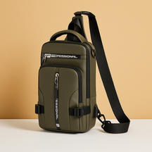 Waterproof sling chest bag for men with USB charging port, large compartments, and ergonomic back—ideal for travel and daily wear.