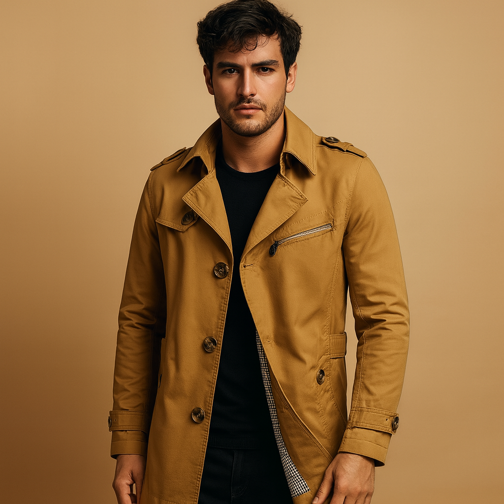 Men’s waterproof trench coat with classic double-breasted design, offering protection against rain and wind for formal and casual wear.