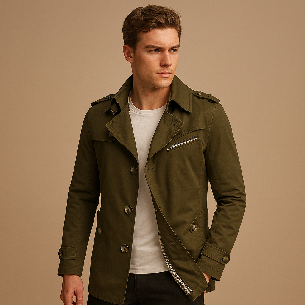 Men’s waterproof trench coat with classic double-breasted design, offering protection against rain and wind for formal and casual wear.